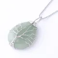 Silver tree of life wire-wrapped drop pendant necklace with light green natural crystal - Green Aventurine Silver Necklace