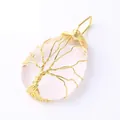 Handmade wire wrapped life of tree teardrop natural rose quartz pendant in gold finish - Pendant Only / White Crystal Gold