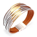 Multilayer brown PU leather bracelet with silver and gold metal tube accents and magnetic clasp - Silver