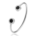 Detailed view of silver stainless steel cuff with black onyx inlay and Roman numerals - Steel