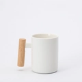 Minimalist white ceramic mug featuring a cylindrical wooden handle on white background - Cylindrical White Mug