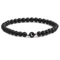 Detail of 6mm black matte stone beaded bracelet with heart letter L charm and metal beads - Letter L
