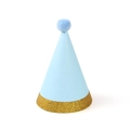 Gorro de fiesta azul claro con borde dorado brillante y pompón de peluche a juego - Gorro Azul Con Borde Dorado Grueso y Pompon