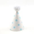 White birthday party cone hat with light blue polka dots and a white fuzzy pom-pom - Blue Polka Dot Pompom Hat