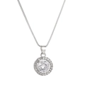 Detailansicht der silbernen Halskette mit rundem Zirkonia-Anhänger und Box-Kette - Runde Halo Halskette (D3408) / Silber
