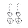 Pendientes de acero de titanio con doble corazón plateado y gota de perla blanca - Color Acero