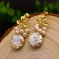 Baroque natural pearl drop earrings with golden leaf design and 925 silver needles - Pearl - Hot Selling Style