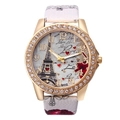 Women's quartz watch with Eiffel Tower pattern, gold rhinestone case and white leather strap - White
