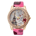 Floral Eiffel Tower watch with rose gold rhinestone bezel and pink leather strap - Rose Red