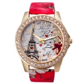 Eiffel Tower crystal gold watch with red patterned leather strap for women - Red