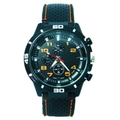 Macro shot of black chronograph watch face with orange accents and silicon strap stitching - Orange