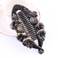 Retro black banana hair clip with gold floral pattern and butterfly relief details - Two Flowers / Painted Gold