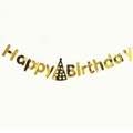 Dettaglio dello striscione dorato Happy Birthday con effetto specchio e cappellino - Stile Cappello di Compleanno Oro