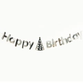 Silver metallic Happy Birthday banner with party hat accent for birthday decorations - Silver Birthday Hat Style