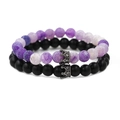 Set di braccialetti con perline a corona in pietra lavica viola e nero opaco per coppie - Set Pietra Opaca Corona Nera