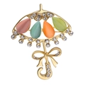 Detailed shot of golden alloy umbrella brooch with colorful crystal teardrops and crystals - Umbrella Style (C1041)