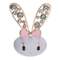 Close-up of a white and pink enamel rabbit brooch with sparkling rhinestones on white background - Rabbit Style (C1042)
