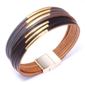 Multilayer leather bracelet with navy blue cord, gold metal tubes and magnetic clasp - Grey + Black