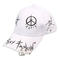 White graffiti baseball cap with black star prints and silver metal rings on the brim - Adjustable / White