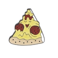 Detail of cartoon pizza enamel pin with melting yellow cheese and red pepperoni slice - Pizza Skeleton Style (C1475-3)