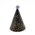 Black cone party hat with gold foil polka dots and a grey plush pom pom topper - Gold Stamping Black Pompom Hat