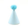 Blue paper birthday party hat with white geometric patterns and a soft blue pom pom top - Blue Hat with Wool Ball