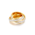 Elegant gold interconnected triple band ring with pavé micro-set white zircon stones - US 6 / Gold / 【product Attributes】trinity Intertwined Ring 【color】gold 【size】standard Ring Width 【material】metal Zircon 【specifications】pavé Setting. 【visual Presentation】the Image Is A High-quality Still-life Photograph Of The Single Item Using A Central Composition With Natural Light And Shadow Transitions. The Metallic Luster And Zircon Fire Are Well-represented. Image Quality Is High Rich In Detail And Noise-free. Aesthetic Appeal Is High Overall Score Is 8.5. The Background And Product Color Scheme Are Harmonious Presenting A Strong Brand Feel. 【text Content】no Ocr-recognized Text No Logo Or Brand Watermark. 【logistics Label】none. 【infringement Risk】cartier Design Infringement Probability 0.85%. This Product Uses Cartier's Classic Trinity Trinity Intertwined Design Which Is A High-risk Imitation. 【product Parameters】gold Three-in-one Structure Outer Ring Pavé-set With White Zircon.