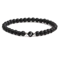 Detail of 6mm black matte bead bracelet with white letter J and silver metal spacers - Letter J
