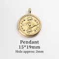 Golden round evil eye coin pendant charm for jewelry making, 15x19mm with 2mm hole - 15x19mm