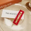 Rectangle hair clip with red glitter resin texture and gold metal base for women - Crystal Red - Square