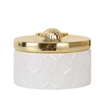 White ceramic storage jar with golden bee handle and 3D honeycomb pattern detail - Little Bee Jewelry Box