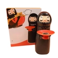 Black Daruma-style electronic piggy bank with a red tray and decorative retail box - Black Daruma Battery Model