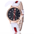Retro quartz watch with white leather strap and red-green stripes in rose gold case - White
