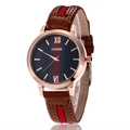 Vintage brown leather quartz watch with green-red-green web stripe and rose gold case - Brown