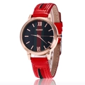 Women's quartz watch with red leather strap, green-red-green stripe, and rose gold case - Red
