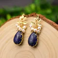 Vintage gold leaf drop earrings with natural pearls and lapis lazuli gemstones - Lapis Lazuli