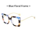 Occhiali quadrati a fiori blu con stanghette dorate e dettagli in perle - Montatura Floreale Blu