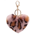 Pink heart-shaped faux fur keychain with brown leopard print and golden hardware - Leopard Print Foundation / Gold Chain Clasp