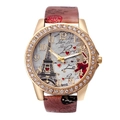 Women's quartz watch with Eiffel Tower pattern, gold rhinestone case and brown leather strap - Coffee
