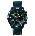Detail of racing sports watch with yellow stitching on black silicone strap and red second hand - Yellow