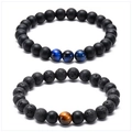 Natural Tiger Eye and Lava Stone bead bracelets set for couples in black matte finish - Blue And Brown Tiger Eye Double Bracelet Style (9)