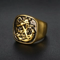 Retro punk gold stainless steel men's signet ring featuring an embossed anchor relief - US 8 / Gold Color (18205)
