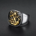 Men's punk signet ring in silver steel with a gold anchor and ornate scroll patterns - US 8 / Two-tone Gold (18206)