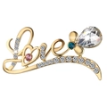 Gold 'Love' brooch with pink heart rhinestone and blue crystal bow on white background - Love Script Style (C1038)