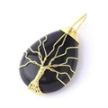 Golden wire-wrapped black agate teardrop pendant necklace with Tree of Life design - Black Agate Gold
