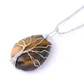 Silver tree of life wire-wrapped tiger eye stone water drop pendant necklace - Tiger Eye Silver Necklace