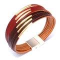 Multilayer bohemian PU leather wrap bracelet with golden metal tubes and magnetic clasp - Red + Brown