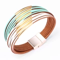 Multilayer wrap leather bracelet in brown white and mint green with golden magnetic clasp - Green + White