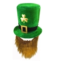 St. Patrick's Day green velvet top hat with brown beard and golden clover embroidery - Green Velvet Top Hat And Beard (17IR5106A)