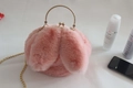 Pink plush rabbit handbag with gold metal clasp and detachable chain strap for women - Flesh Pink